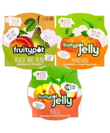Fruit Snack Pack Bundle With Fruitypot Peach & Pear in Juice 113g Mandarin in Orange Jelly 120g and Peach in Peach Jelly 120g (3 Pack)