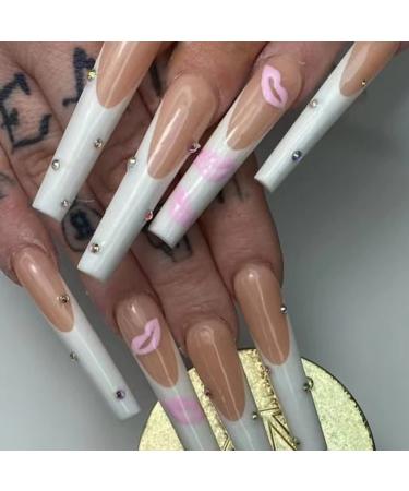 Runrayay lips for pressing nails long artificial nails white and pink nude acrylic ballet-French with nail stone for women and girls