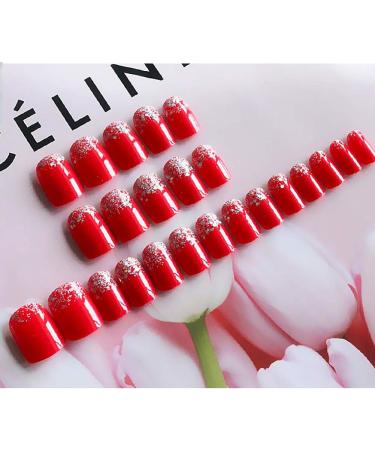 JIHUOO 24 Pieces Red Short False Nails - Artificial Fingernails with Glue & Stickers for All Occasions | International Shipping Available - Buy Online on SooperMarket.com