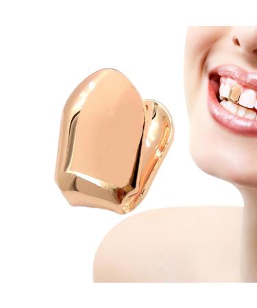 Gold Caps for Teeth - 14k Gold Realistic Fake Teeth Grills Stylish Plain Single Tooth Caps Small Size Eye-Catching Mouth Grills for Women and Men Party and Hip Hop Style Rose Gold