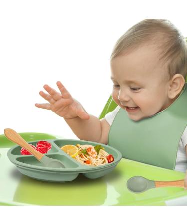 4 Piece Baby Weaning Set: Silicone Suction Divided Plate, Adjustable Bib, Spoon, Fork - Baby Led Feeding Supplies for Baby and Toddlers - Buy Online on SooperMarket.com