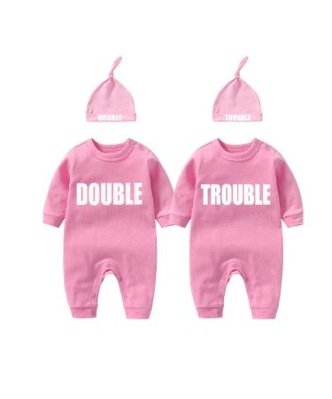culbutomind Baby Twins Bodysuits Double Trouble Newborn Unisex Baby Romper Cute Outfit With Hat Pink BT 3-6 Months