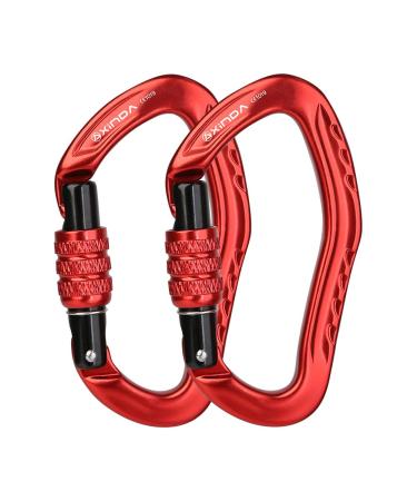 XINDA 22KN Screw Locking Carabiner Clip - Offset D Shaped Climbing Carabiner CE UIAA Certified, Heavy Duty Aluminium Carabiner for Rock Climbing,Rappelling,Hammock,Hiking,Camping,Arborist Gear 2 pcs Red