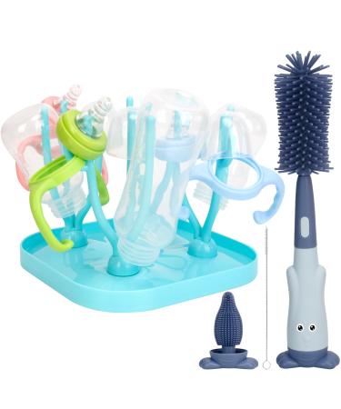 Baby Bottle Drying Rack with Bottle Brush Set  Removable Baby Bottle Holder Baby Bottle Rack Dryer and Baby Bottle Brush Cleaner Nipple Cleaner for Baby Accessories Cleaning Drying Bottle Cup (Blue)