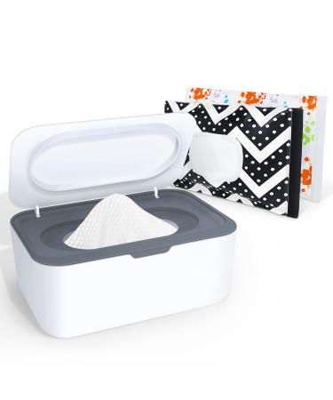 Baby Wipes Dispenser, Wipe Holder with 2 Pcs Portable Travel Wipes Container, Refillable Diaper Wipes Pouch with Lids and Sealing Design, Flushable Bathroom Storage Case Box grey