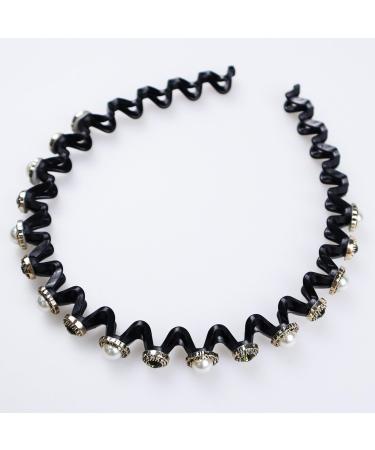 Faux Pearl and Rhinestone Headband Wavy Plastic Hairband Stretchy Beaded Hair Hoops for Women Girls Hair Styling Accessories - Buy Online on SooperMarket.com