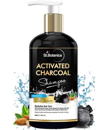 StBotanica Activated Charcoal Hair Shampoo 300ml - No SLS/Sulphate Paraben or Silicon - Refreshing Menthol Organic Olive & Almond Oil Vitamin B5 E Oats & Silk Protein