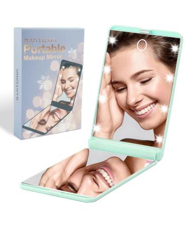 Rantizon Portable Makeup Mirror Dimmable 8 LEDs Lighted Mirror 1X & 2X Magnification Cosmetic Handbag Mirror FoldablePocket Mirror Compact Mirror Green Gifts for Teenage Girls