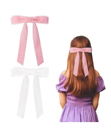 2Pcs Velvet Hair Bows White Bow Hair Clips for Girls Women Hair Barrette with Long Ribbon Vintage Hair Accessories Women Girls(White Pink)