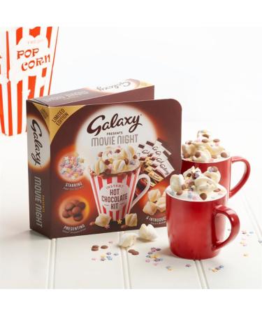 Hot chocolate gift with hot chocolate options of galaxy hot chocolate sachets hot chocolate drops popcorn marshmallows and sugar star sprinkles toppings for kids and adults