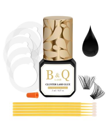 Cluster Lash Glue 5 ML B&Q Lash Bond Individual Lash Glue Black Eyelash Glue for Lash Cluster Strong Eyelash Glue Latex Free Eyelash Glue Waterproof Eye Lash Glue With Micro Brushes (Black 5ml) Lash Glue-Black 5ML