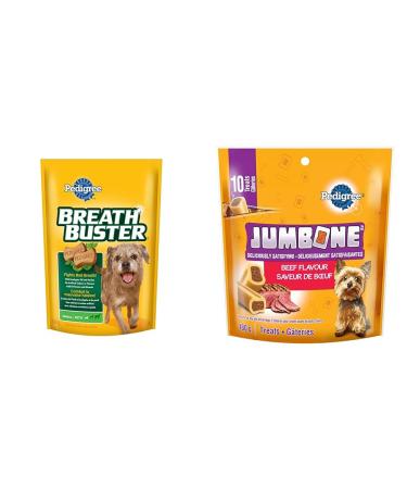 Pedigree Breathbuster Biscuit Adult Dog Treats for Small Dogs 500g Pouch & JUMBONE Adult Dog Treats for Mini Dogs - Beef 10ct 180g
