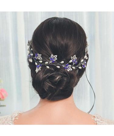 IYOU Bridal Wedding Hair Vine Blue Rhinestone Headband Leaf Pearl Prom Headpiece Accessories for Bride Bridesmaid - Buy Online on SooperMarket.com