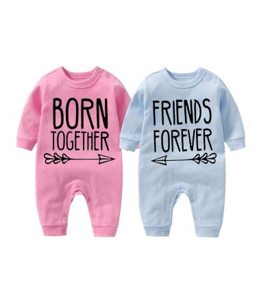 culbutomind Baby Twins Bodysuit Born Together Friends Forever Newborn Baby Unisex Romper Cute Outfit With Hat Set Multicoloured BFT 6-9 Months