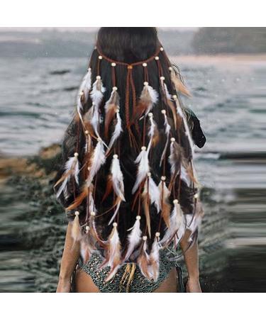 CAKURE Boho Feather Headbands Gypsy Accessories Indian Feather Headpiece Bohemia Bridal Feather Hair Band Handmade Rope Wedding Hair Accessories for Women and Girls (Set 1)