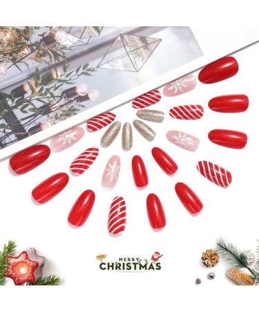 Vatocu Christmas False Nails - Short Red Press On Nails with Snowflake, Elk, and Snowman Designs - 24pcs for Women and Girls - Buy Online on SooperMarket.com