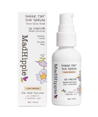 Mad Hippie Sheer Tint Sun Serum (Light/Medium)  Tinted Moisturizer for Face with SPF 29  Vitamin C  Hyaluronic Acid  Tinted Sunscreen for Face in a Recyclable Glass Bottle  Reef Safe  1.02 Oz