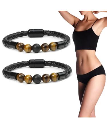 KILOSY Electrostatic LeatherBeads Band KILOSY Electrostatic Agate Leather Beads Band Calowave Electrostatic Agate Leatherbeads Band Volcanic Stone Tiger Eye Magnetic Buckle Bracelet (2PCS E)