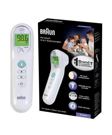 Braun No Touch 3-in-1 Thermometer Measures Forehead Liquid and Food Temps Professional Accuracy and Color Coded Fever Guidance for Babies Kids Toddlers and Adults White