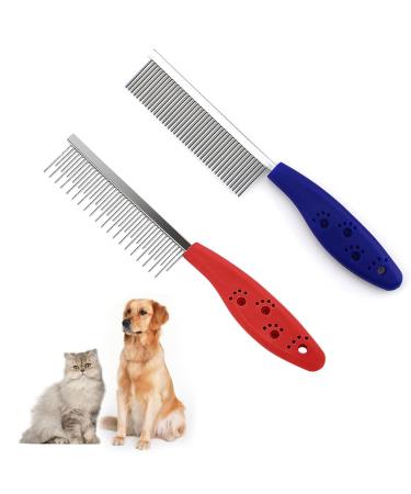 Fellkamm cat degenerate ridge dog dog comb Combi comb for dog brush against fleas against fleas underwool caten with double -sided metal metal rounded teeth flea comb for cats cat ridge 2PCs red+blue