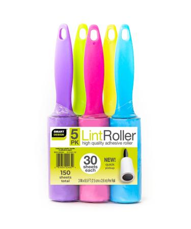 Smart Design Mini Lint Rollers Set of 5 150 Sheets Total Easy-to-Use Lint Roller for Pet Hair Removal Cleaning Floors Carpet Cars & Other Debris