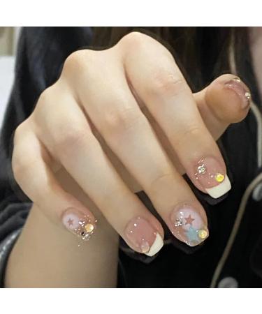 French Cute False Nails Extra Short Kids Stick on Nails with Mermaid Bubble Beads 24pcs Square Press On Nails with Glue Sweet Colour Design Funny Fake Nails for Women Girls (Sweet Heart) - Buy Online on SooperMarket.com