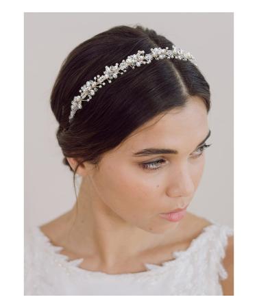 SWEETV Silver Bridal Headband Crystal Tiara for Women Pearl Wedding Headpieces for Bride Hair Accessories for Prom Birthday Party