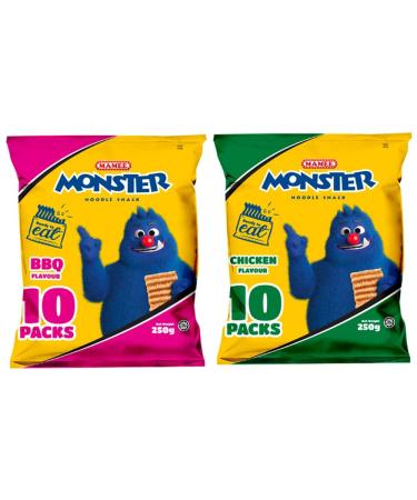 Mamee Monster Noodle Snack BBQ & Chicken Flavour Crispy Snacks 250g HALAL (2 Big Packs 20 Packets)