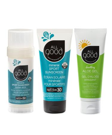 All Good Sport Mineral Sunscreen & Aloe Gel Bundle - UVA/UVB Broad Spectrum  Water Resistant - Includes (1) SPF 50 Butter Stick  (1) SPF 30 Lotion  & (1) Aloe Gel