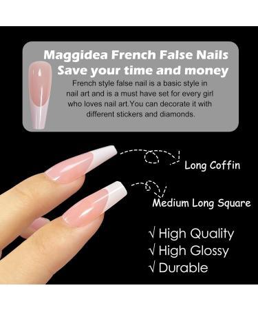 Maggidea 240 Pcs Coffin Fake Nails French Tip Nude Color Glossy Full Cover - Ballerina Nail Art for Women | French-Medium Long Square - Buy Online on SooperMarket.com