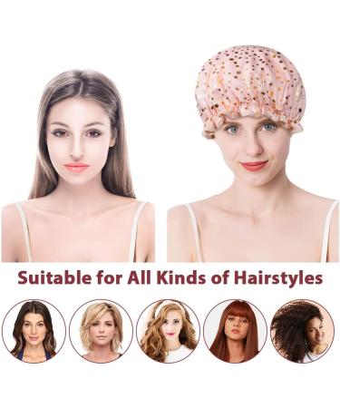 AOOWU Shower Caps 2 Pack Waterproof Bath Caps Large Reusable Shower Hats Elastic Band Double Layers Hair Bath Caps with Soft Ruffled Edge for Women Girls Ladies Spa Salon Home Use 2 Pcs Pink dots + Green dots - Buy Online on SooperMarket.com