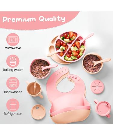 Shop Mumez 14-Part Children's Suction Plate Set - BPA-Free Silicone Baby Plates Bowls Cups & Bibs - Pink & Peach - International Shipping Available - Buy Online on SooperMarket.com