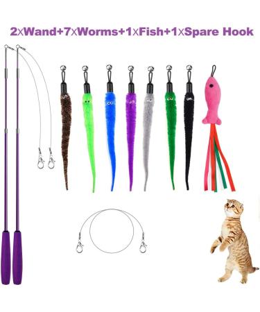 Retractable Cat Toy Wand Bundle - 11 Interactive Feather Toys and Bell Teaser Refills - 7 Worms, 1 Fish - Includes Replacement Line - Fun Exercise Toy for Cats - Buy Online on SooperMarket.com