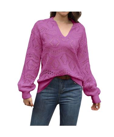 Creoqiji women hooded sweater women pullover collar v-cutting long arm knitwear casual sweater sweater sweater jumper top necklace fashion jewelry ladies hot pink xl