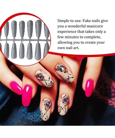 Dajidafu 24 Pieces False Nails Full Cover T-shaped Extra Long Press on Coffin Style Nail Tips DIY Supplies for Home Salon silver - Buy Online on SooperMarket.com