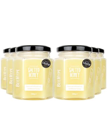 BeeHype - Salted Honey Raw Wildflower Honey with Alpine Rock Salt Low Calorie Alternative with NO Palm Oil and NO Refined Sugars Vegetarian Nut and Dairy Free 6 x 250g Salted Honey Pack of 6