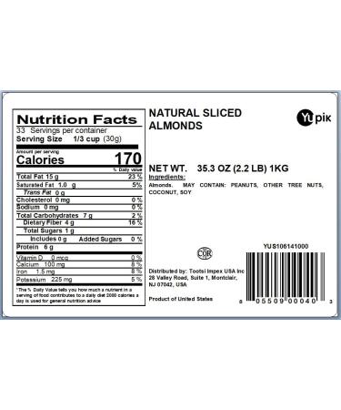 Yupik Natural Raw Sliced Almonds 2.2 lb - Premium Quality Nuts - Buy Online on SooperMarket.com