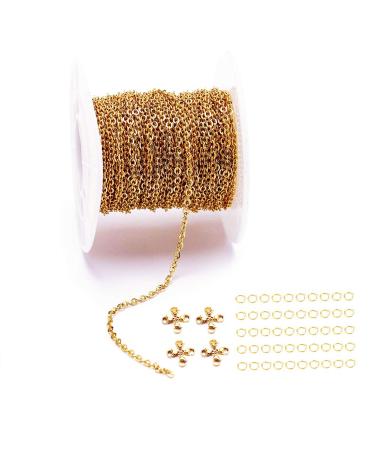 33 Feet 18K Gold Stainless Steel Flat Cable Chains Link Spool Bulk with 20 Lobster Clasps and 50 Jump Rings for Pendant Necklace Jewelry DIY Making Gold Chain Width 1.5mm+20pcs Clasps+50 Rings