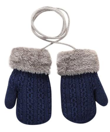 Baby Toddler Furry Winter Gloves with String Cold Weather Warm Knit Magic Mittens Kids Insulated Snow Warm Gloves with Fleece Lining for Baby Girls Boys 0-3 Years Gift (B-Dark Blue)