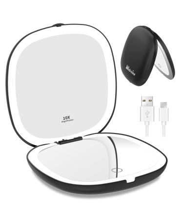 wobsion Travel Magnifying Mirror with Light 1x/10x LED Compact Mirror 2-Side Illuminated Makeup Mirror Dimmable 10cm Rechargeable Handheld Pocket Mirror Gifts for Women(Black)