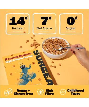 Surreal Peanut - High Protein Cereal - Low Sugar- Healthy Plant Based Cereal - High in Fibre - Low Carb - Gluten Free - Vegan - 13g of Protein 0g of Sugar - 240g per Box - 4 Pack (4 x Peanut) - Buy Online on SooperMarket.com