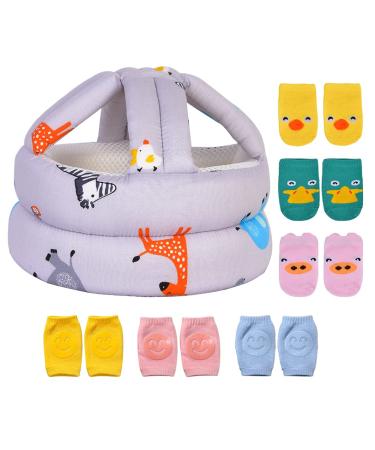 Umtiti Baby Adjustable Helmet Lightweight and Soft with 3 Pairs Baby Knee Pads for Crawling & 3 Pairs Baby Socks Great for Baby Learning to Walk and Crawl. Zoo Gray+6 Zoo Grey