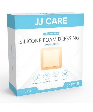 JJ CARE Silicone Foam Dressing [Pack of 10], 6x6 Sacrum Silicone Foam Dressing with Border, Absorbent Bandages with Showerproof Adhesive