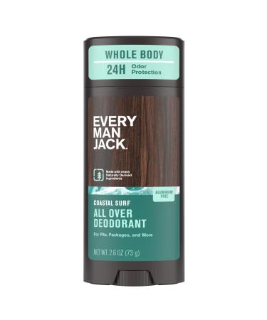 Every Man Jack All Over Deodorant - 24 Hour Whole Body Odor Protection - Aluminum Free - Coastal Surf Scent 2.6 oz (1 Pack) Coastal Surf 2.6 oz (Pack of 1)