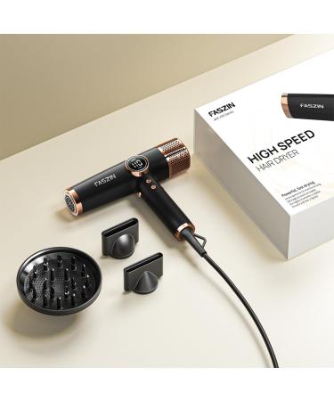 Faszin Lightweight Hair Dryer with High Speed Motor | Fast Drying Ionic Hairdryer for Women & Men | Low Noise, 3 Magnetic Nozzles | Black 29.50 24.50 8.80 cm - Buy Online on SooperMarket.com