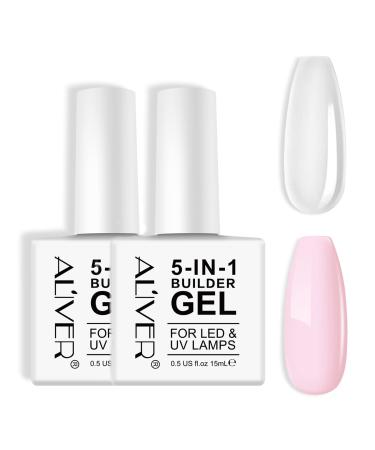 Builder Gel 5 in 1 Nail Builder Gel Builder Gel and Base Gel Strengthener Gel Clear Builder Gel Color in a Bottle 15ml For Nail Art Decoration Professional Manicure Repair (Clear and Pink)