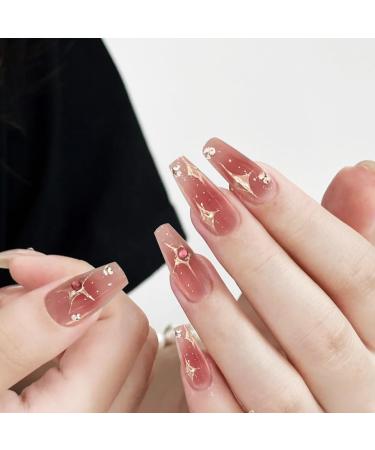 Shop Moguri 24-Piece Pink Diamonds Artificial Nails - Glossy Medium Length Acrylic with Stars Moon & Blush Designs - International Shipping Available - Buy Online on SooperMarket.com