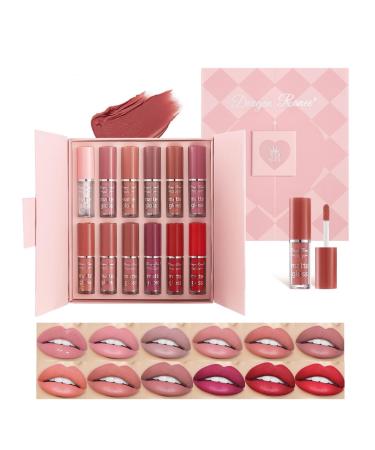 Matte Liquid Lipstick Set 12 Colors Velvet Waterproof Lipstick Pigmented Long Lasting Lip Gloss Lip Plumper Makeup Set with Gift Box