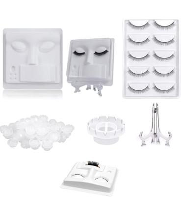 Eyelash Extension Kit 3 in 1 Eyelash Extension Practice Tray and 5 Pairs Practice Eyelashes Training Lashes with 100pcs Classic Individual Lashes Glue Cups for Eyelash Extensions Beginners