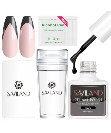 Saviland Nail Stamper Kit with Gel Nail Polish Silicone Nail Stamper and Black Stamping Nail Polish for French Manicure Nail Art Kit DIY French Nails Home Salon Use Easy to Use and Clean 02-Black